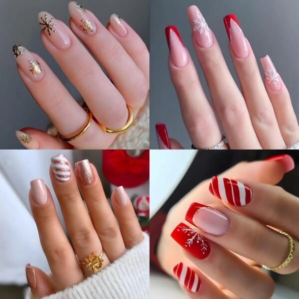 24pcs Glossy Short Ballet Fake Nails Christmas Red Press On Nails With White Snowflake Stripe Design Glitter French False Nails