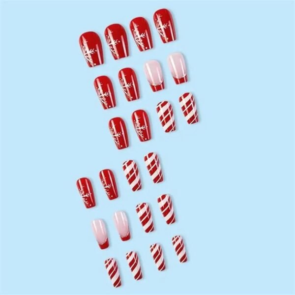 24pcs Glossy Short Ballet Fake Nails Christmas Red Press On Nails With White Snowflake Stripe Design Glitter French False Nails