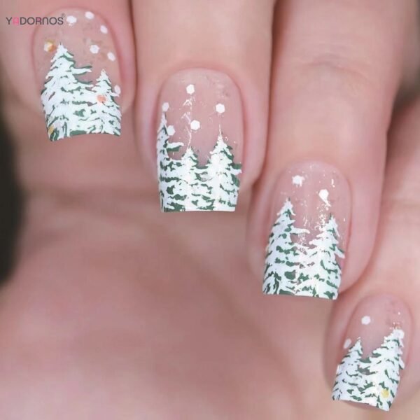 Simple Charms Christmas Fake Nails Glossy Short Square Press on Nails Xmas Tree Designs Full Cover Nails Tips for Women Girls