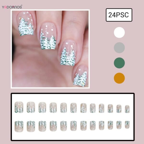Simple Charms Christmas Fake Nails Glossy Short Square Press on Nails Xmas Tree Designs Full Cover Nails Tips for Women Girls
