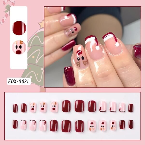24pcs Glossy Short Ballet Fake Nails Christmas Red Press On Nails With White Snowflake Stripe Design Glitter French False Nails