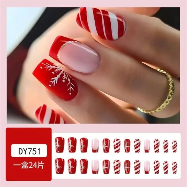 24pcs Glossy Short Ballet Fake Nails Christmas Red Press On Nails With White Snowflake Stripe Design Glitter French False Nails
