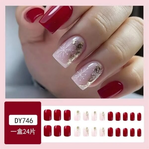 24pcs Glossy Short Ballet Fake Nails Christmas Red Press On Nails With White Snowflake Stripe Design Glitter French False Nails