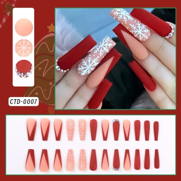 24pcs Glossy Short Ballet Fake Nails Christmas Red Press On Nails With White Snowflake Stripe Design Glitter French False Nails