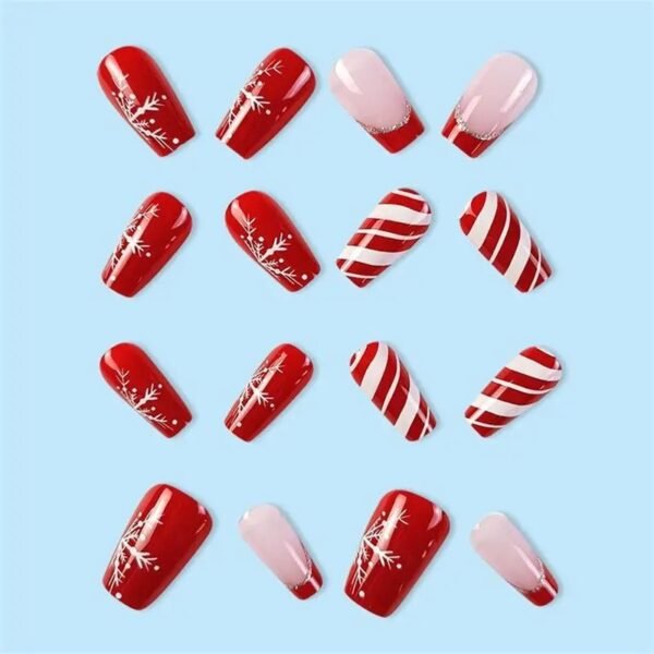 24pcs Glossy Short Ballet Fake Nails Christmas Red Press On Nails With White Snowflake Stripe Design Glitter French False Nails