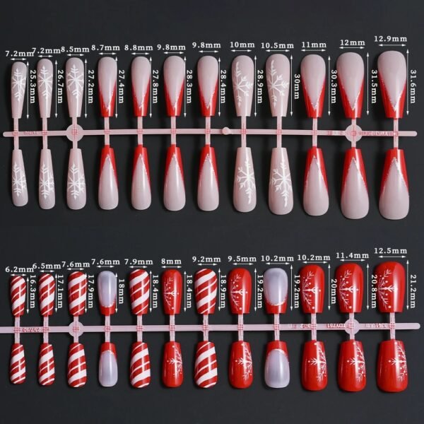 24pcs Glossy Short Ballet Fake Nails Christmas Red Press On Nails With White Snowflake Stripe Design Glitter French False Nails