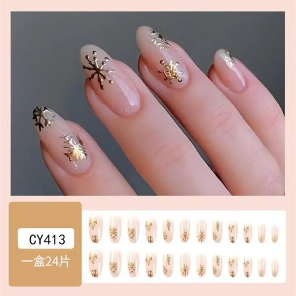 24pcs Glossy Short Ballet Fake Nails Christmas Red Press On Nails With White Snowflake Stripe Design Glitter French False Nails