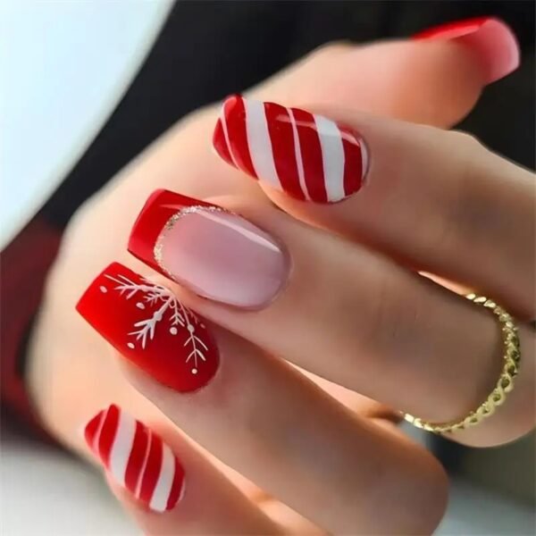 24pcs Glossy Short Ballet Fake Nails Christmas Red Press On Nails With White Snowflake Stripe Design Glitter French False Nails