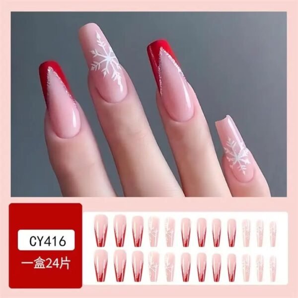 24pcs Glossy Short Ballet Fake Nails Christmas Red Press On Nails With White Snowflake Stripe Design Glitter French False Nails